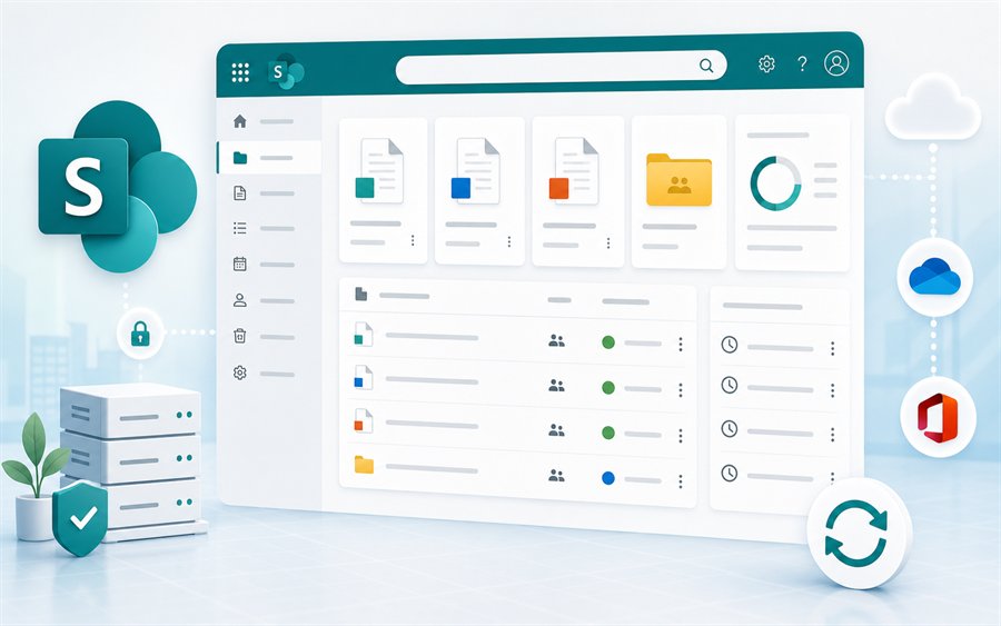 SharePoint Anwenderoberflaeche mit Dokumentbibliothek, Listen und Synchronisierung